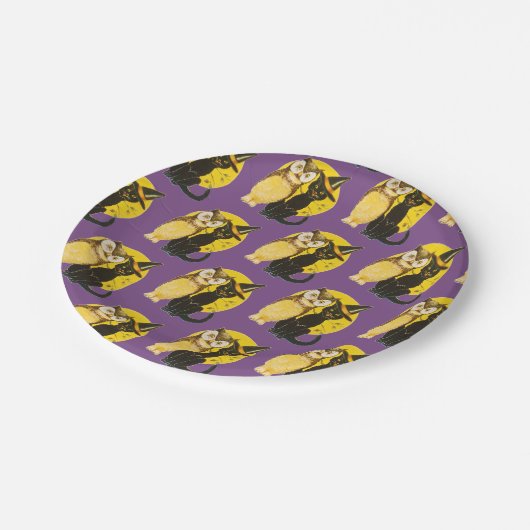 Altmodisches Halloween, Black Cat & Owl Pappteller (Schrägansicht)