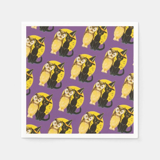 Altmodisches Halloween, Black Cat & Owl Serviette (Vorderseite)
