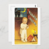 Altmodisches Halloween, Boy & Black Cat Postkarte (Vorne/Hinten)