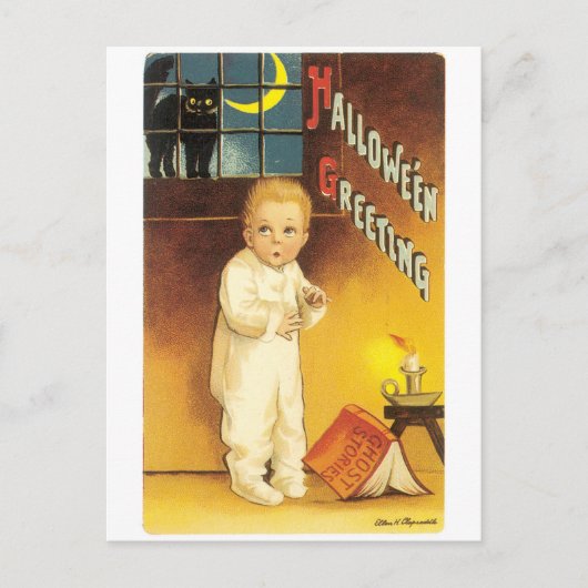 Altmodisches Halloween, Boy & Black Cat Postkarte (Vorderseite)