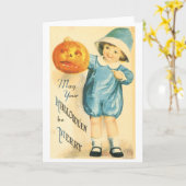 Altmodisches Halloween, Girl-Holding Pumpkin Karte (Gelbe Blume)
