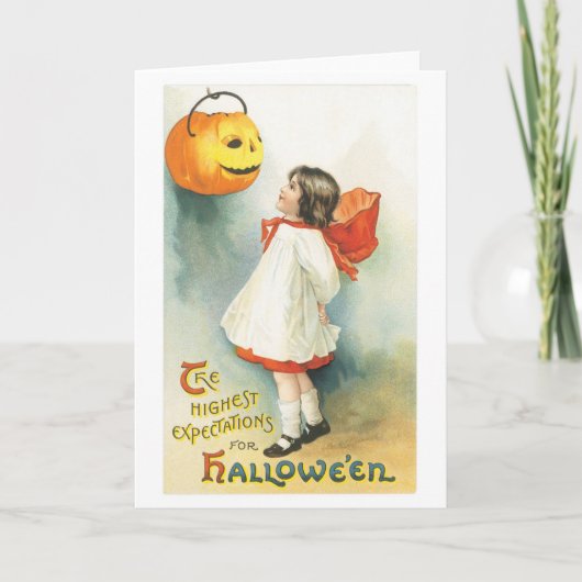 Altmodisches Halloween, Girl & Jack-o'-Laterne Karte (Vorderseite)