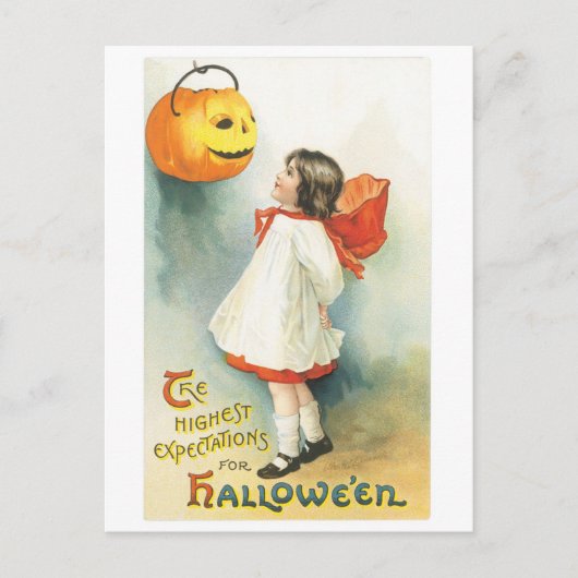Altmodisches Halloween, Girl & Jack-o'-Laterne Postkarte (Vorderseite)