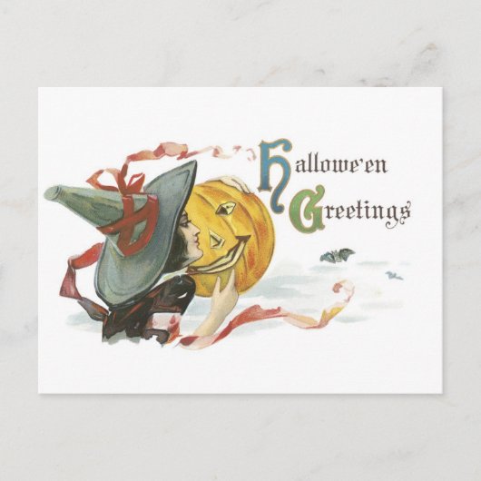 Altmodisches Halloween, Hexe & Jack-o'-Laterne Postkarte (Vorderseite)