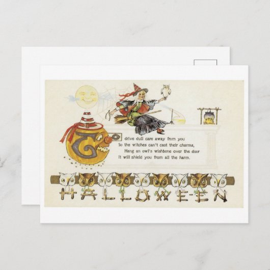 Altmodisches Halloween, Hexe mit Eule Postkarte (Vorne/Hinten)