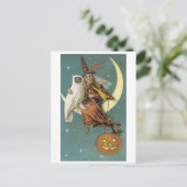 Altmodisches Halloween, Hexe mit Eule Postkarte (Stehend Vorderseite)