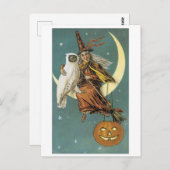 Altmodisches Halloween, Hexe mit Eule Postkarte (Vorne/Hinten)