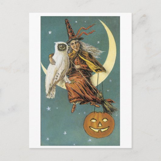 Altmodisches Halloween, Hexe mit Eule Postkarte (Vorderseite)
