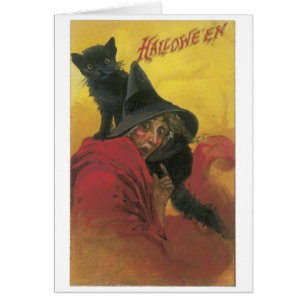 Altmodisches Halloween, Hexe mit schwarzer Katze