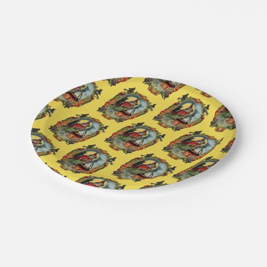 Altmodisches Halloween, Hexe mit schwarzer Katze Pappteller (Schrägansicht)