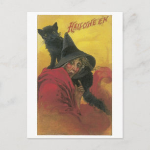 Altmodisches Halloween, Hexe mit schwarzer Katze Postkarte
