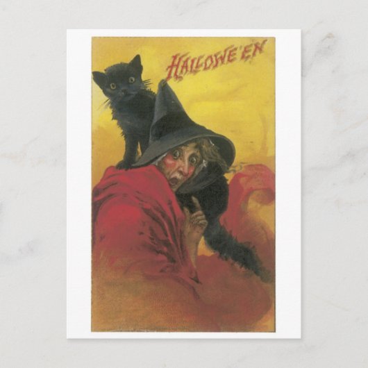 Altmodisches Halloween, Hexe mit schwarzer Katze Postkarte (Vorderseite)