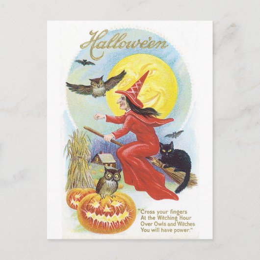 Altmodisches Halloween, Hexe & Owl Postkarte (Vorderseite)