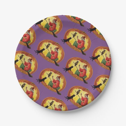 Altmodisches Halloween, Hexe, Schwarze Katze und E Pappteller (Vorderseite)