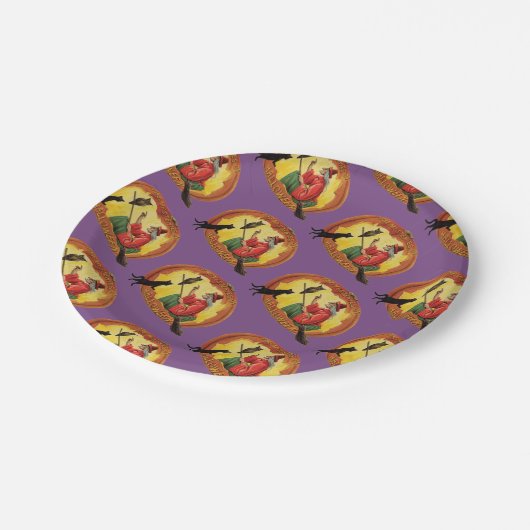 Altmodisches Halloween, Hexe, Schwarze Katze und E Pappteller (Schrägansicht)