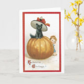 Altmodisches Halloween, Hexekatze Karte (Gelbe Blume)