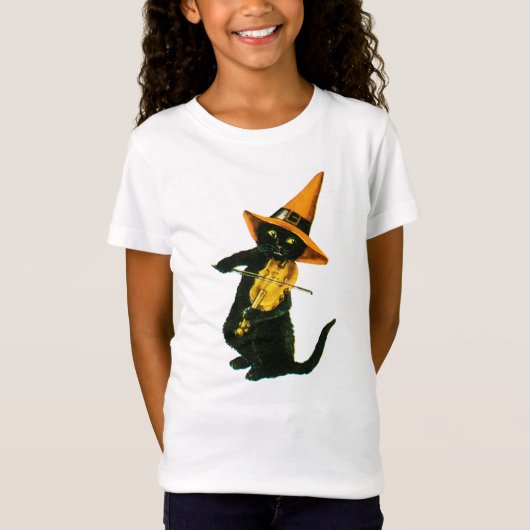 Altmodisches Halloween, Hexenkatze, die Geige spie T-Shirt (Vorderseite)
