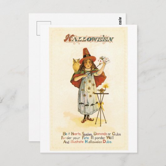 Altmodisches Halloween, Hexenmädchen mit Schüssel Postkarte (Vorne/Hinten)