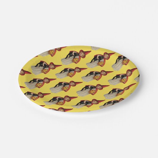 Altmodisches Halloween, Hexenmädchen mit Schwarzer Pappteller (Schrägansicht)