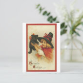 Altmodisches Halloween, Hexenmädchen mit Schwarzer Postkarte (Stehend Vorderseite)