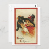 Altmodisches Halloween, Hexenmädchen mit Schwarzer Postkarte (Vorne/Hinten)