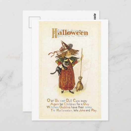 Altmodisches Halloween, Hexenmädchen mit Schwarzer Postkarte (Vorne/Hinten)