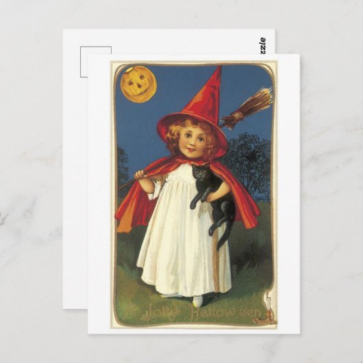 Altmodisches Halloween, Hexenmädchen mit Schwarzer Postkarte (Vorne/Hinten)