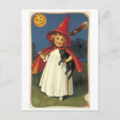 Altmodisches Halloween, Hexenmädchen mit Schwarzer Postkarte (Vorderseite)