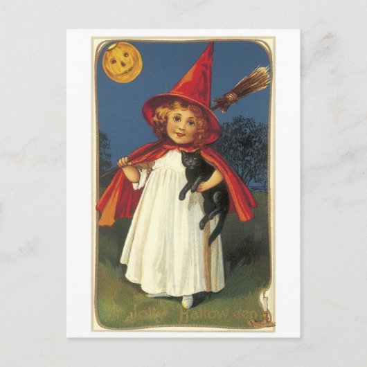 Altmodisches Halloween, Hexenmädchen mit Schwarzer Postkarte (Vorderseite)