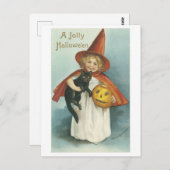 Altmodisches Halloween, Hexenmädchen mit Schwarzer Postkarte (Vorne/Hinten)