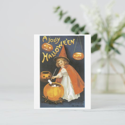 Altmodisches Halloween, Hexenmädchen Postkarte (Stehend Vorderseite)