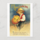 Altmodisches Halloween, Junge macht Jack-o'-Latern Postkarte (Vorderseite)