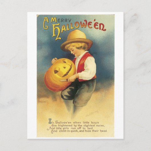 Altmodisches Halloween, Junge macht Jack-o'-Latern Postkarte (Vorderseite)