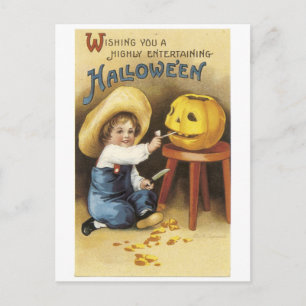 Altmodisches Halloween, Junge macht Jack-o'-Latern Postkarte