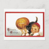 Altmodisches Halloween, Junge mit schwarzer Katze Postkarte (Vorderseite)