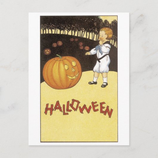 Altmodisches Halloween, Junge trifft Jack-o'-Later Postkarte (Vorderseite)