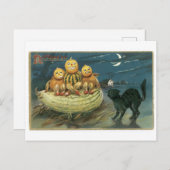 Altmodisches Halloween, Kürbise u. schwarze Katze Postkarte (Vorne/Hinten)