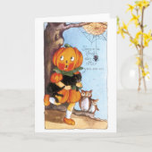 Altmodisches Halloween, Kürbismädchen, Schwarze Ka Karte (Gelbe Blume)