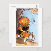 Altmodisches Halloween, Kürbismädchen, Schwarze Ka Postkarte (Vorne/Hinten)