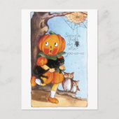 Altmodisches Halloween, Kürbismädchen, Schwarze Ka Postkarte (Vorderseite)