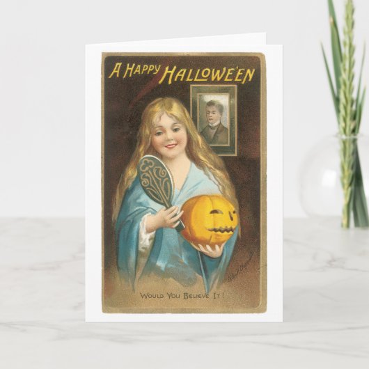 Altmodisches Halloween, Mädchen mit Handspiegel Karte (Vorderseite)