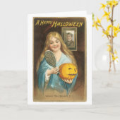 Altmodisches Halloween, Mädchen mit Handspiegel Karte (Gelbe Blume)