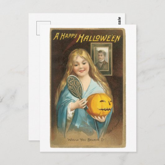 Altmodisches Halloween, Mädchen mit Handspiegel Postkarte (Vorne/Hinten)