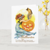 Altmodisches Halloween, Mädchen mit Schüssel Karte (Gelbe Blume)