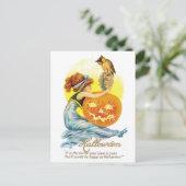Altmodisches Halloween, Mädchen mit Schüssel Postkarte (Stehend Vorderseite)