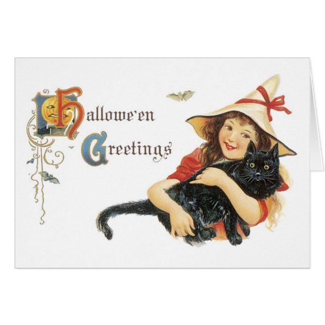 Altmodisches Halloween, Mädchen mit schwarzer Katz (Vorderseite (Horizontal))