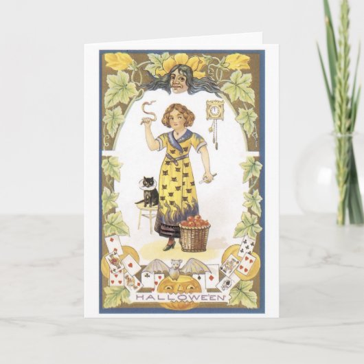 Altmodisches Halloween, Mädchen mit schwarzer Katz Karte (Vorderseite)