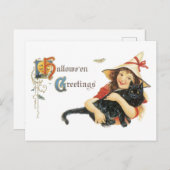 Altmodisches Halloween, Mädchen mit schwarzer Katz Postkarte (Vorne/Hinten)