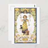 Altmodisches Halloween, Mädchen mit schwarzer Katz Postkarte (Vorne/Hinten)