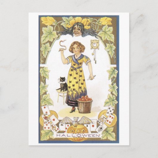 Altmodisches Halloween, Mädchen mit schwarzer Katz Postkarte (Vorderseite)